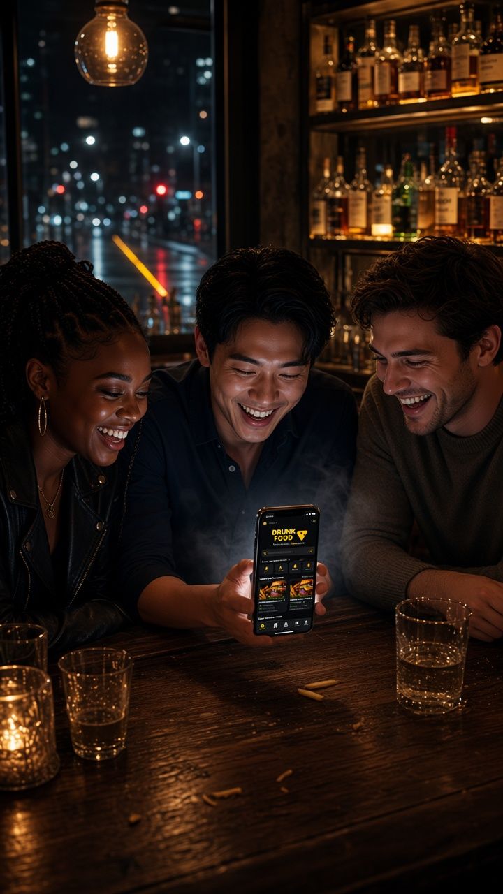 Friends at a bar looking at Drunk Food on a phone