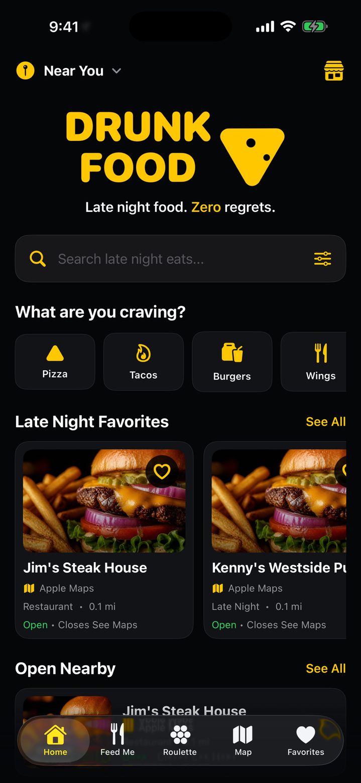 Nearby late-night restaurants on the Drunk Food home screen
