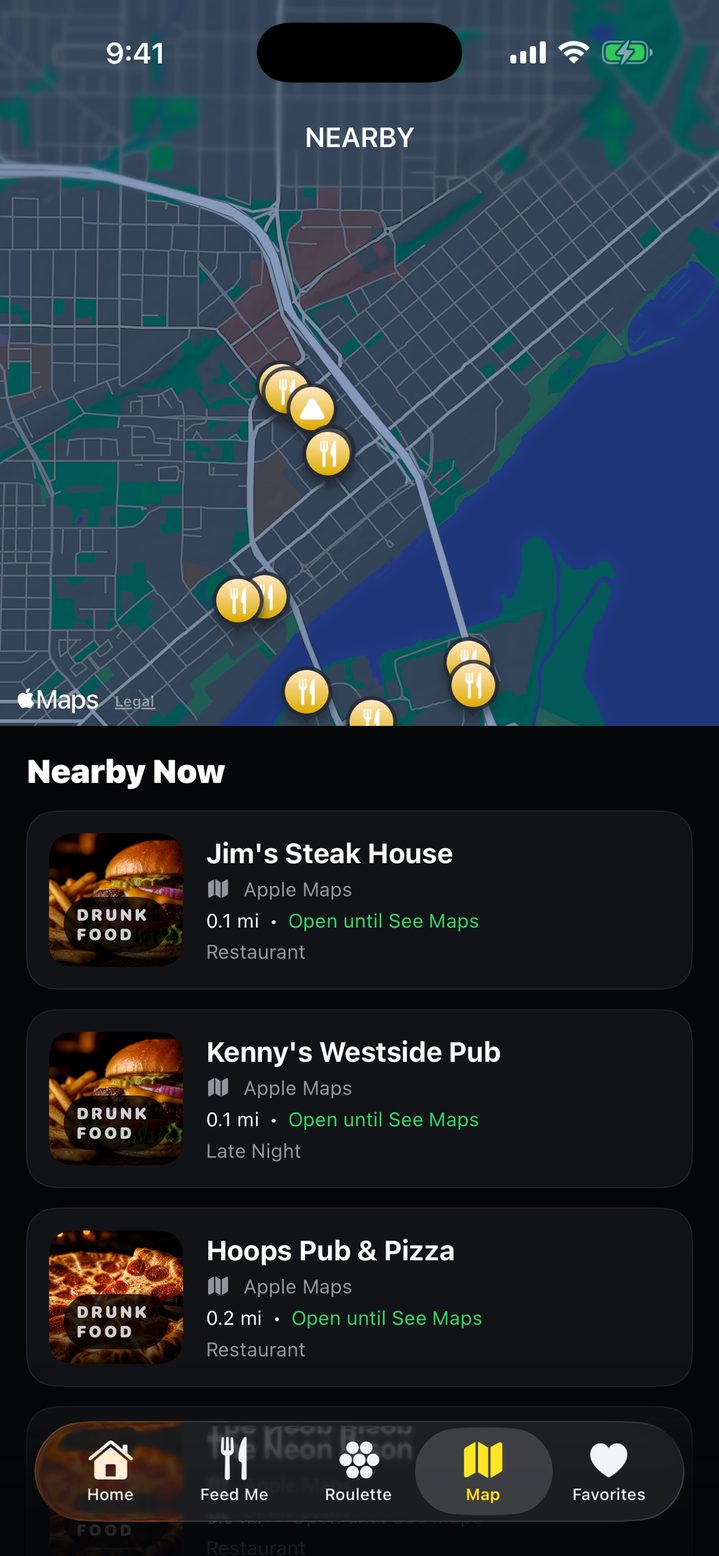 Nearby map of late-night restaurants